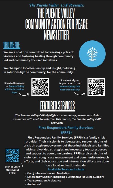 Puente Valley Community Action for Peace newsletter featuring First Responders Family Services